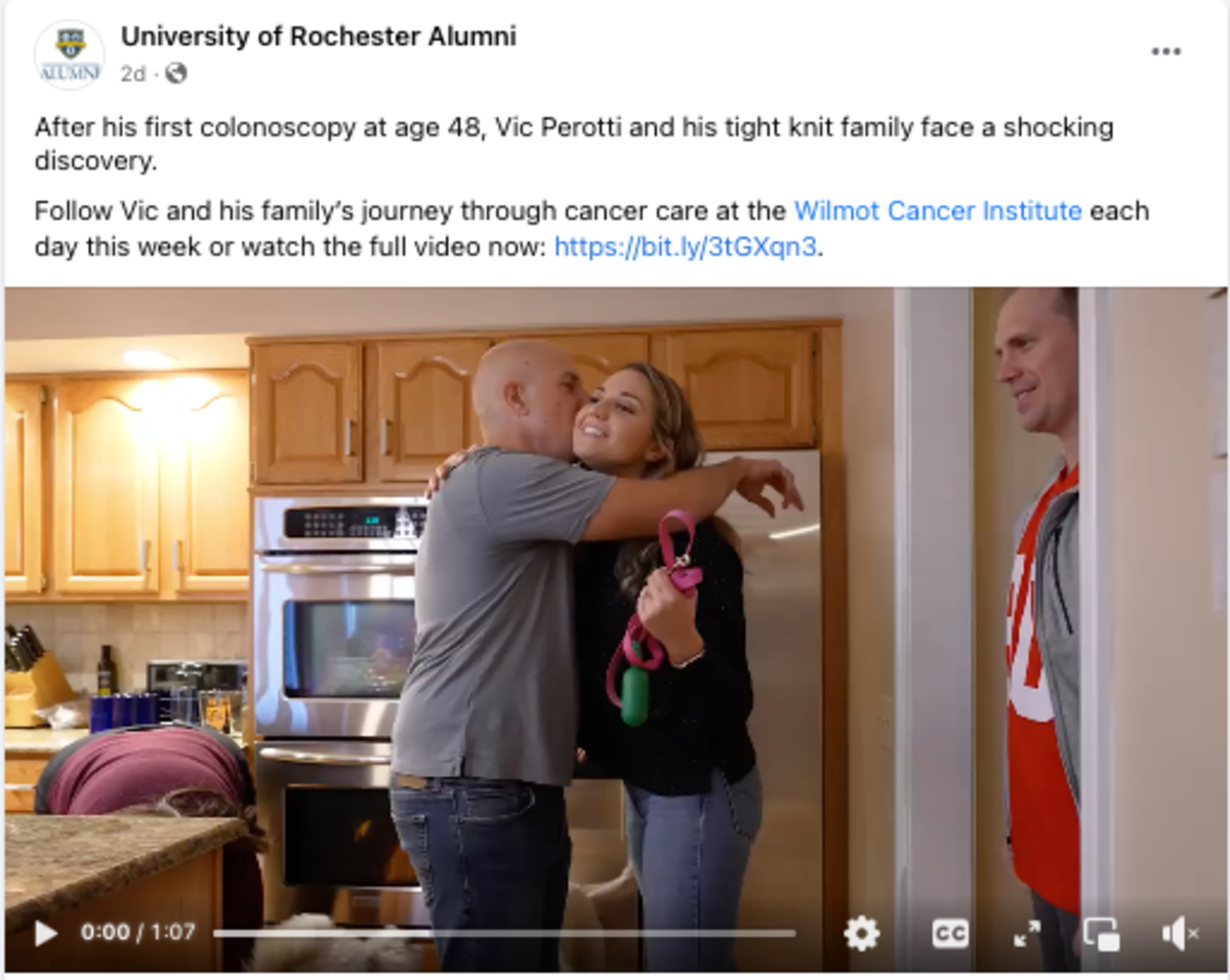 Social media spotlight on Vic Perotti about his journey through cancer care at the Wilmot Cancer Institute. Image shows him and family member hugging.