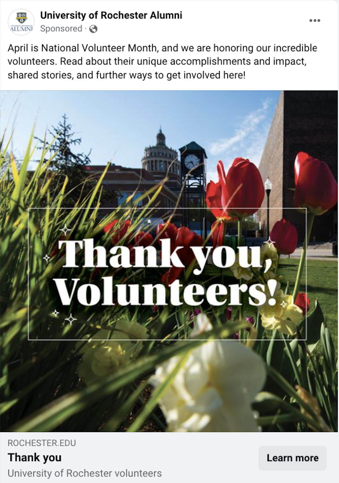 Screenshot of Facebook post thanking volunteers for National Volunteer Month