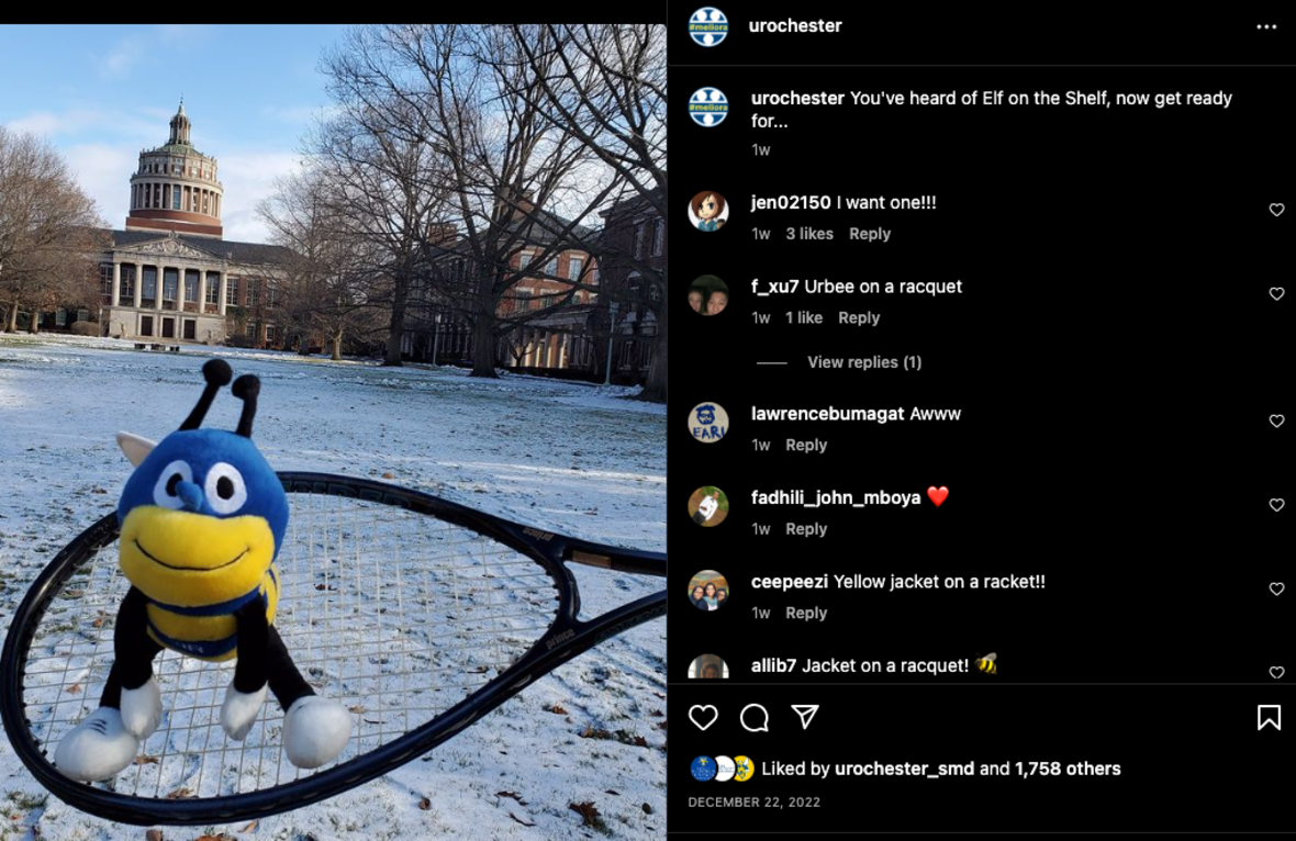 Image: Screenshot of Instagram post with a Rocky stuffed animal on a tennis racket- Yellowjacket on a racket