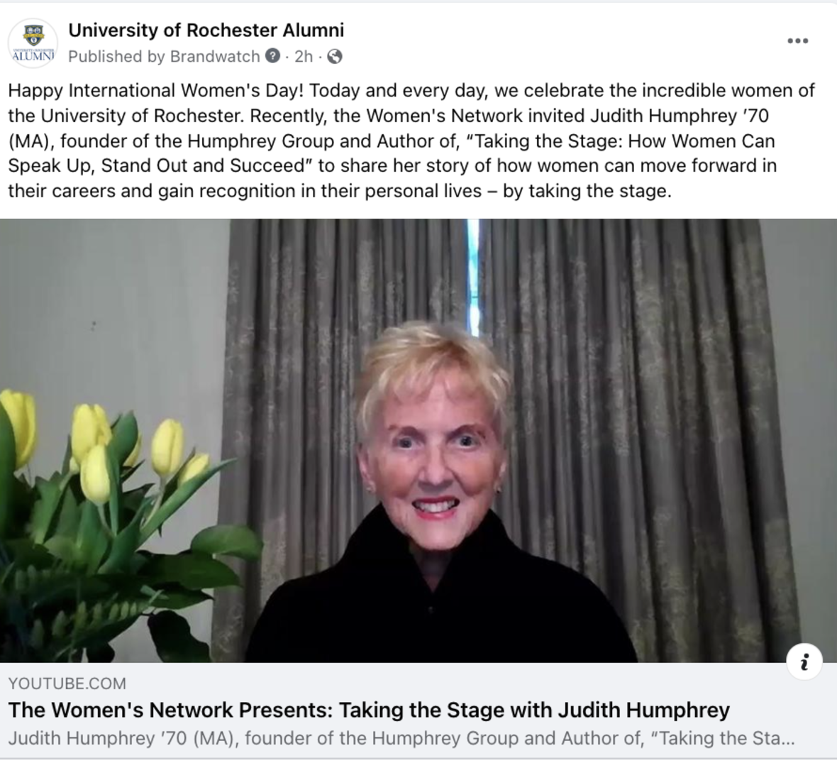 Screenshot of University of Rochester Alumni Facebook post regarding International Women's Day