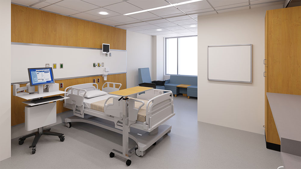 Patient room with bed rendering