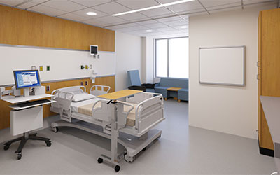 rendering of inside a patient room with bed and equipment