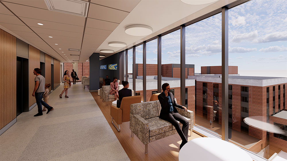 hospital lobby rendering with glass wall to buildings outdoors