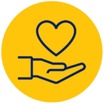 hand under a heart icon with yellow circle background