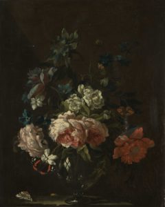 painting of flowers in a glass vase with butterflies