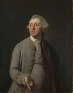 painting of a man in colonial attire wearing a gray suit with several buttons and a powdered wig