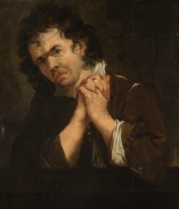 painting of a teary-eyed man clasping his hands together near his face