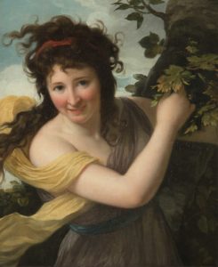 painting of woman with windswept hair holding a branch with leaves