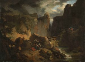 painting of a stony landscape, with soldiers in the foreground, one lays down holding a sword, the other kneels with a shield, other soldiers in the distance with red and blue flag