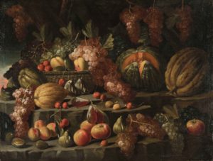 painting of a bounty of melons, grapes, apples, pears, cherries, and other fruits