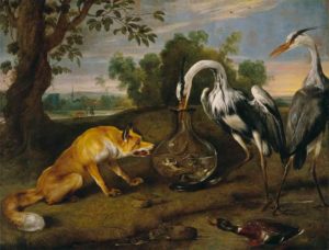 painting of a fox and two heron standing near dead ducks