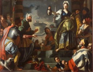 painting of several people in a crowd gathering on steps, one woman holds a severed head