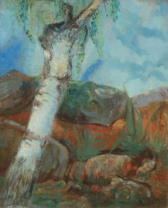 painting of a white birch tree among red clay land with few green plants and blue sky