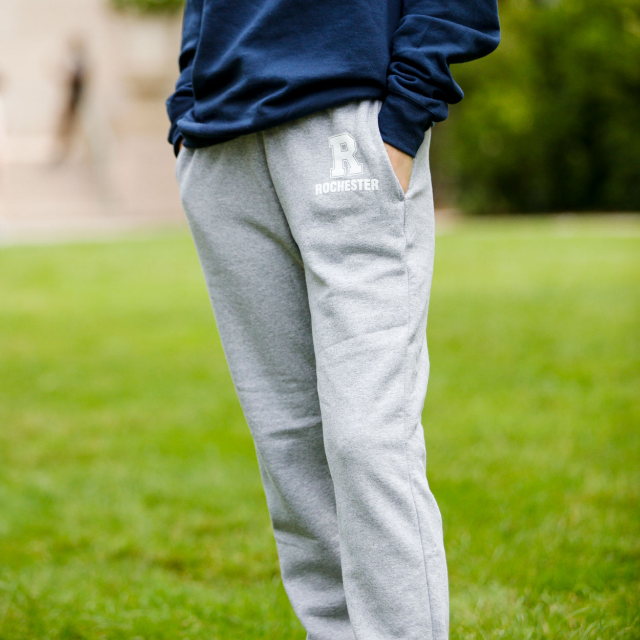 Rochester sweatpants being worn by a student