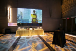 large screen with the rochester effect graphic in front of a dressed up table
