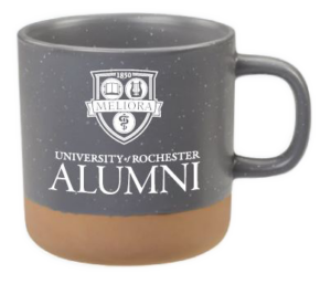 A gray white and brown University of Rochester ceramic mug