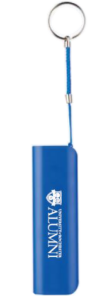 A blue power bank attached to a keyring