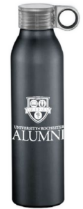 A black and white University of Rochester Alumni Sports Bottle