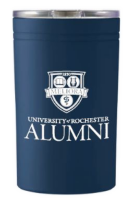 A blue branded university of Rochester alumni tumbler.