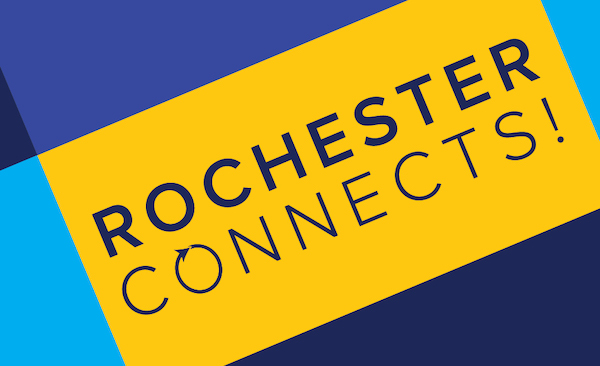 ROCHESTER CONNECTS! logo in yellow box with blue square designs