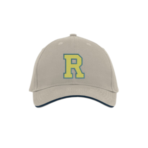 Tan baseball hat with yellow "R" outlined in blue on it