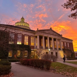 The University of Rochester Rush Rhees Library bell tower at sunrise. 