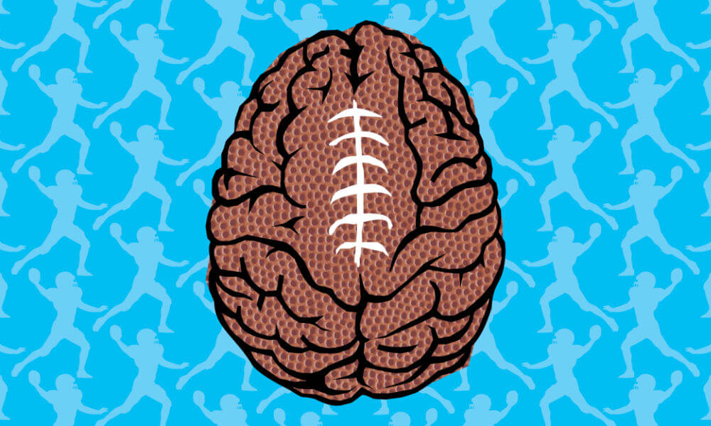 Brain with the color, texture, and stitching of a football against a blue background with a repeating pattern of a quarterback outlined in lighter blue.