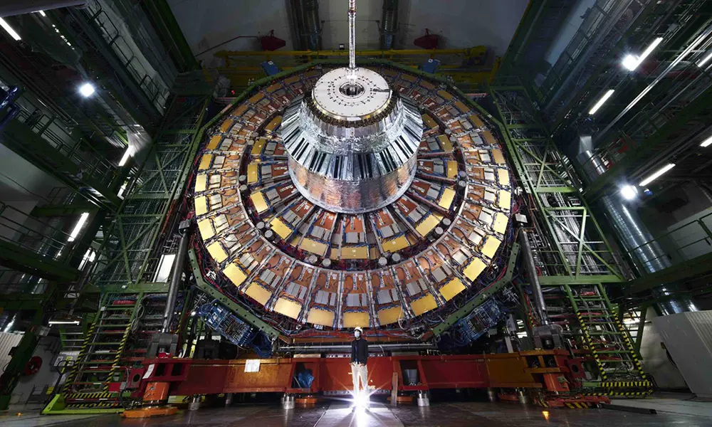 Low angle view of CERN Compact Muon Solenoid detector, used to measure the electroweak mixing angle, a component of the Standard Model of Particle Physics.