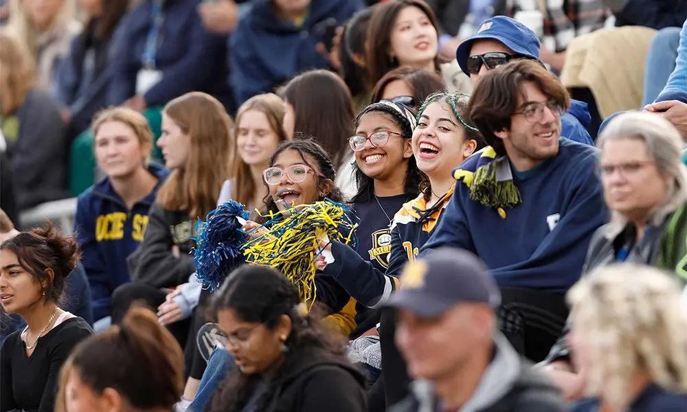 A group of students sit on the bleachers, all wearing University of Rochester apparel. The group is cheering and waving pom poms.