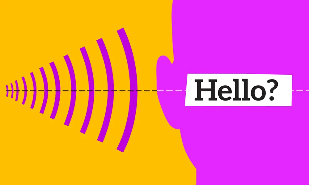 Purple sound waves on an orange background directed at a purple head silhouette with the text Hello? in a speech bubble.