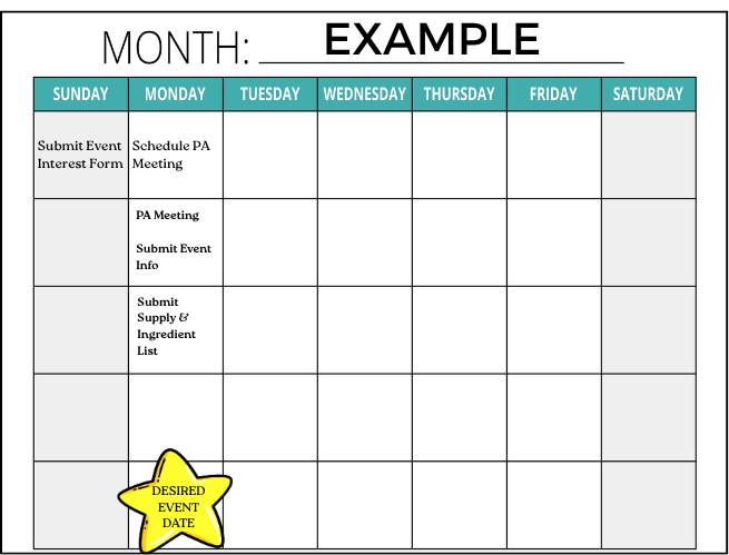 A standard montlly calendar page indicating the amount of days before the event to complete each task.