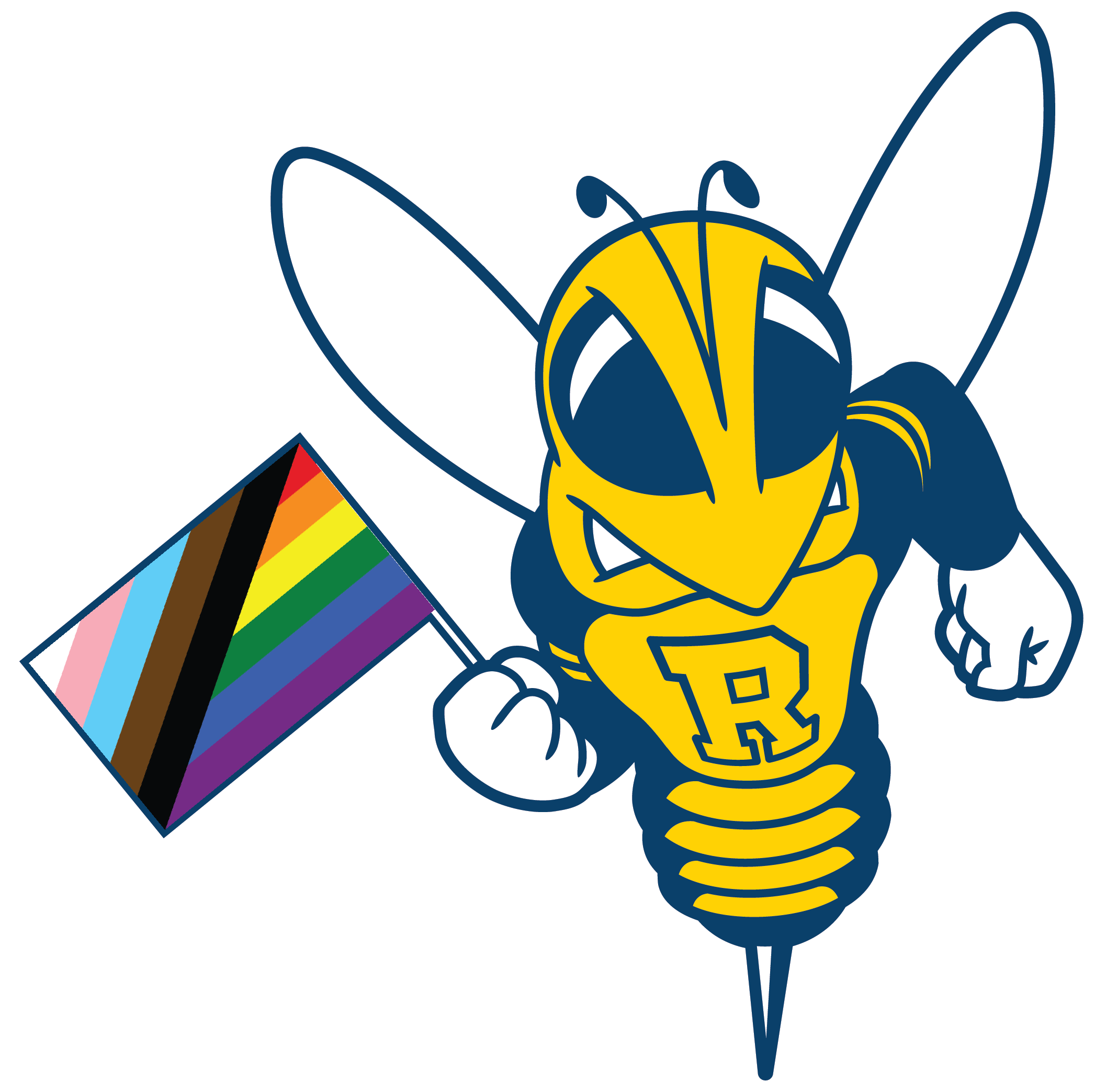 An illustration of the school mascot holding a pride flag.