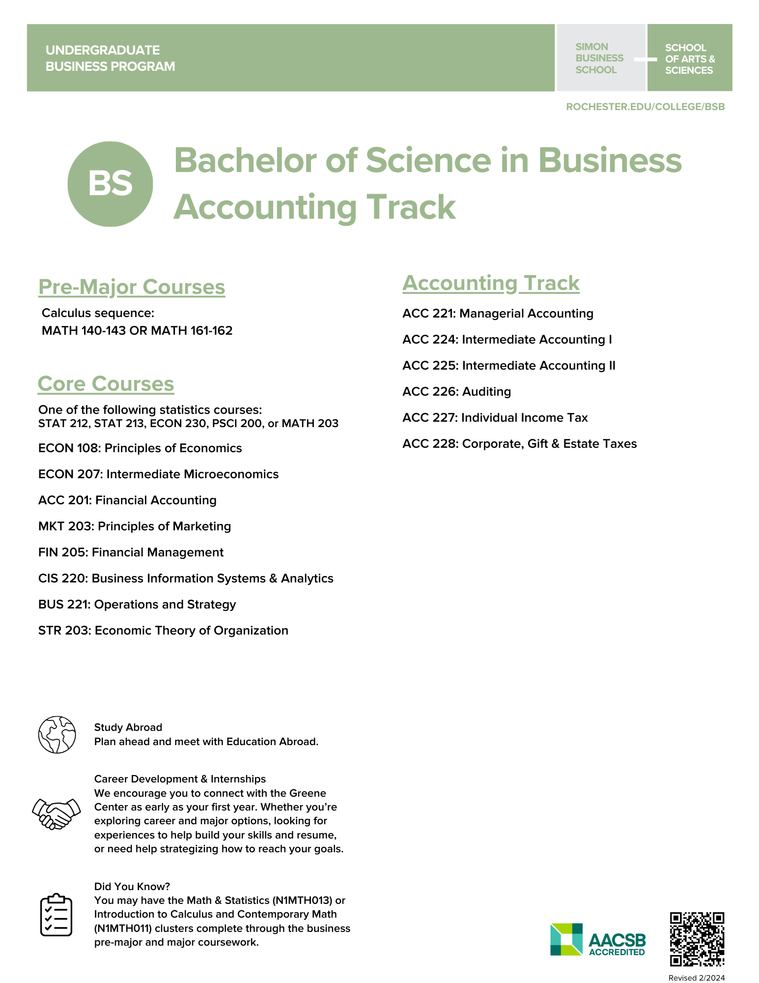 BS business accounting track overview and course requirements flyer.