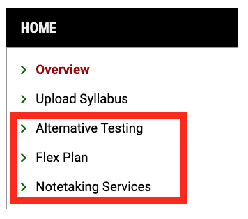 Screenshot of Home section of instructor profile with red box around the options for Alternative Testing, Flex Plan, and Notetaking Services. 