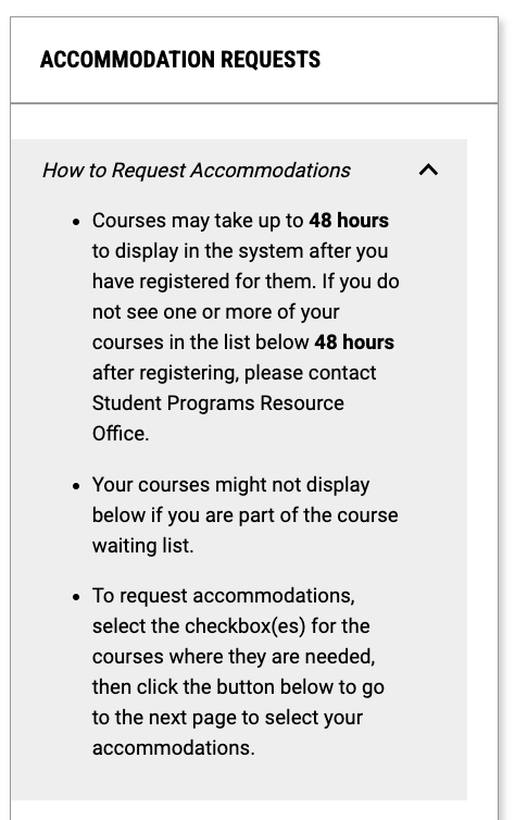 Screenshot of student account with a heading that says accommodation requests.
