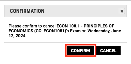 Screenshot of Confirmation pop up with exam details and a red box around the Confirm option.