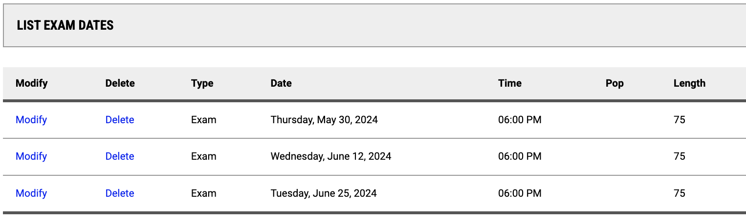 Screenshot of table of exam dates on instructor profile that lists the type, date, time, and legth of three different exams for one course.