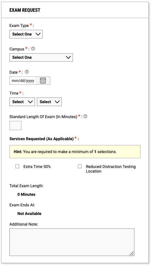 Screenshot of Exam Request section of profile with otions to enter information about date, location, time, and accommodations. 