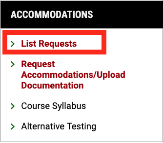 Screenshot of Accommodations section of profile with a red square around the title List Requests.