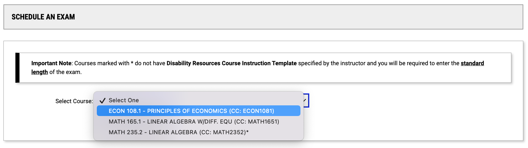 Screenshot of the dropdown menu of courses in the Schedule An Exam section of the profile.