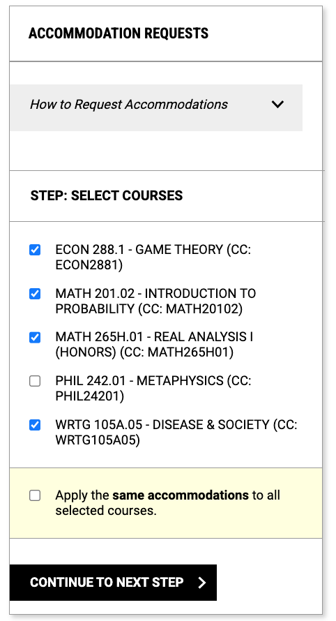 Screenshot of student account with the heading accommodation requests. Underneath is a list of classes with four of the five classes having blue check marks next to them.
