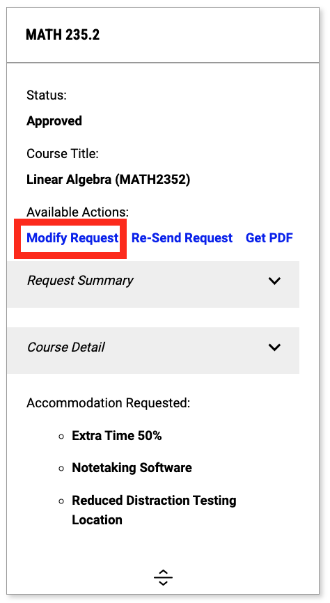 Screenshot of an overview of accommodations for one class section of profile with a red square around the title Modify Request.