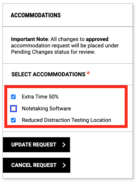 Screenshot of Accommodations section of profile with a red square around the listed accommodations and their check boxes.