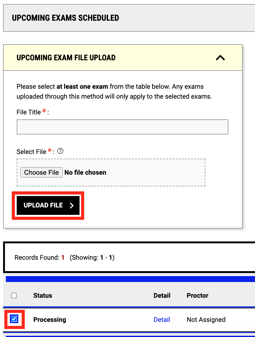 Screenshot of Upcoming Exams section of instructor profile with options to name and upload an exam file and choose which exam requests to tie it to.