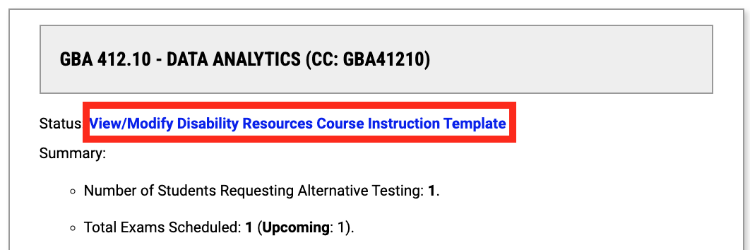 Screenshot of the View and Modify ODR Course Instruction Template option on instructor profile.