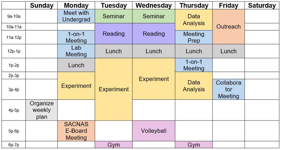 A sample weekly personal schedule.