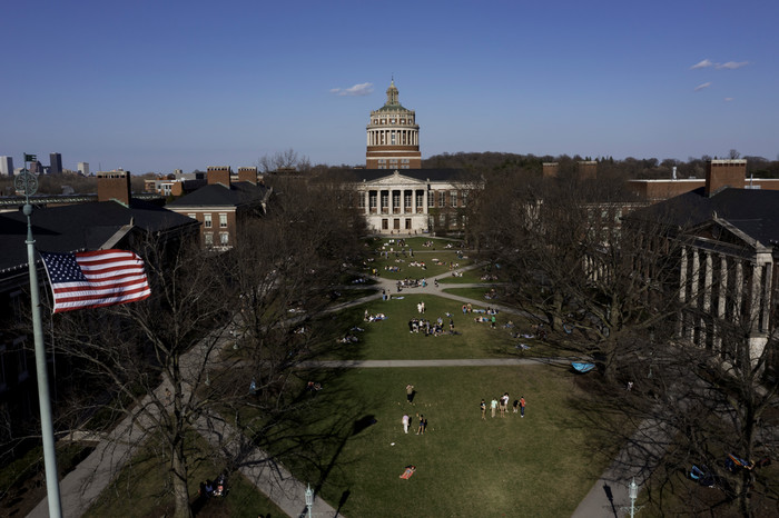An aerial view of campus in winter.