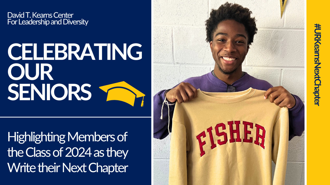 Kerel Cooper holds up a St. John Fisher University sweatshirt on a background graphic for the celebrating seniors article series.
