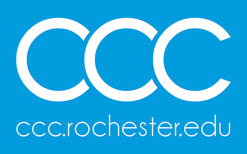light blue background with white letters reading ccc and ccc.rochester.edu