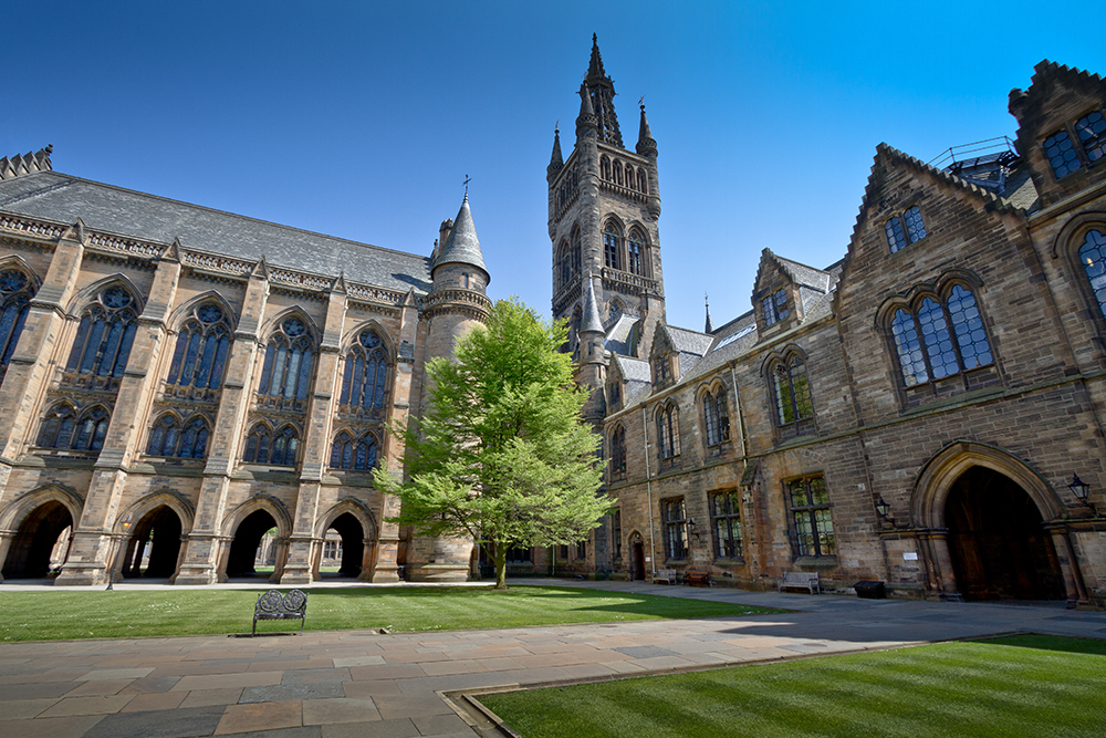 An exterior view on buildings at the University of Glasgow from the quadrangle.